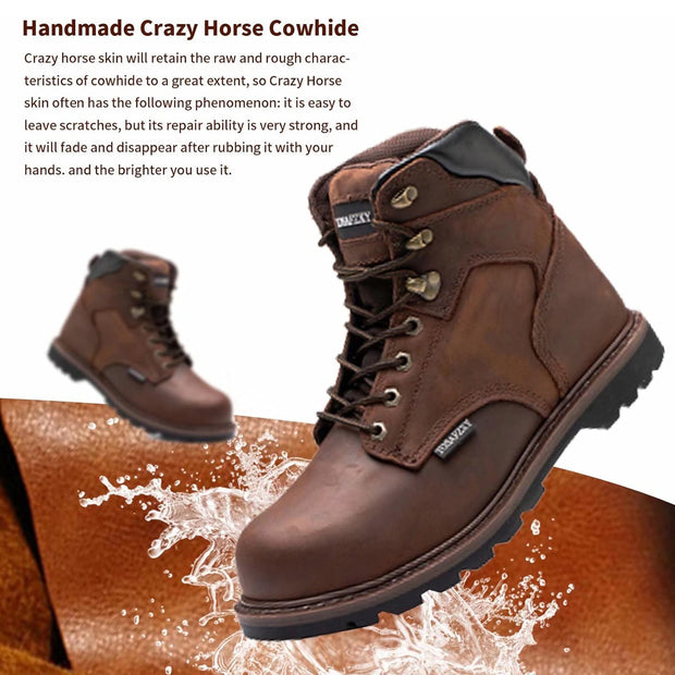 Work Boots for Men Steel Toe Leather Rubber Non Slip Industrial Construction Safety Work Shoes