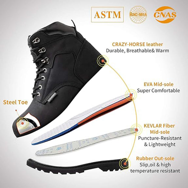 Work Boots for Men Steel Toe Leather Rubber Non Slip Industrial Construction Safety Work Shoes