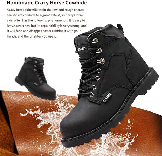 Work Boots for Men Steel Toe Leather Rubber Non Slip Industrial Construction Safety Work Shoes